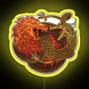 Showdown between a fierce dragon in vibrant neon RGB yellow sign design, perfect for fantasy art and dragon lore enthusiasts.