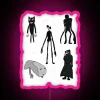 RGB neon siren head breaking news sign featuring witch Dr. Bridge, worm, and cartoon cat in vibrant pink.