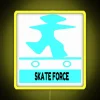 A vibrant neon sign displaying Skate Force in yellow and RGB lighting.