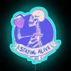 RGB Neon Sign Depicting a Skeleton Enjoying Coffee, Embodying the Motto to Stay Alive with Every Sip.