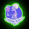 Neon glow of a skeleton drinking coffee with vibrant green hues