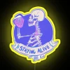 Caffeine-fueled undead skeleton neon sign in bright yellow and blue hues.
