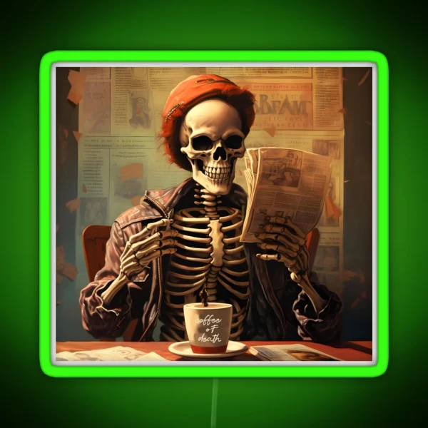Skeleton Morning Coffee Ritual Art RGB Neon Sign