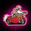 RGB Neon Sign of a Pink Skeleton Riding a Motorcycle with Sidecar