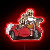 RGB Neon Sign featuring a skeleton riding a motorcycle with sidecar, illuminated in vibrant colors.