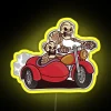 Neon motorcycle with sidecar and skeleton rider in vibrant yellow hue.