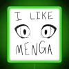 RGB neon sign featuring a sketchy, graffiti-style illustration of Menga's logo in green.