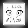 RGB neon sign with hand-drawn sketch of a manga-inspired face in white color scheme.
