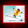 A young girl skiing at night under a neon sign with bold red letters reading "Ski Girl" in a futuristic, neon-lit environm...