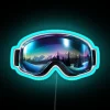 Vibrant ski goggles on snowy mountain reflecting colorful Northern Lights in a winter wonderland setting.
