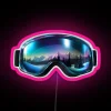 Winter sports enthusiast wearing colorful ski goggles on a snowy mountain, reflecting vibrant northern lights and neon sig...