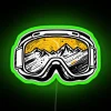 Ski goggles, neon sign, snowboarding accessories
