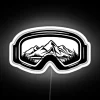 Neon-lit ski goggles with a futuristic design on a city travel backdrop