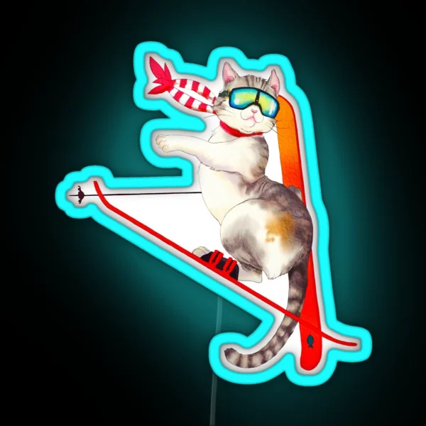 Ski Japanese Cat Digital Watercolor RGB Neon Sign