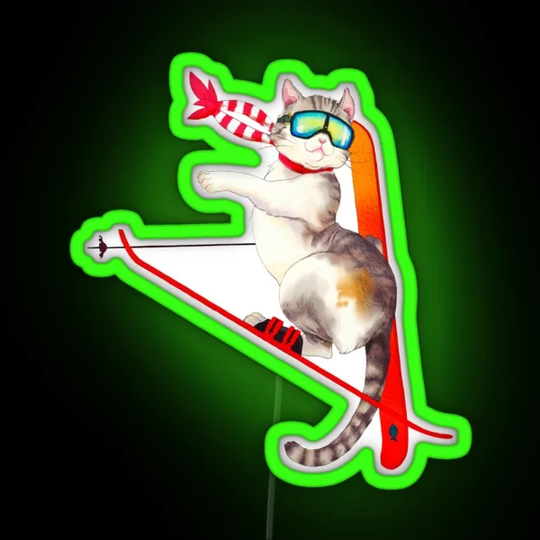 Ski Japanese Cat Digital Watercolor RGB Neon Sign
