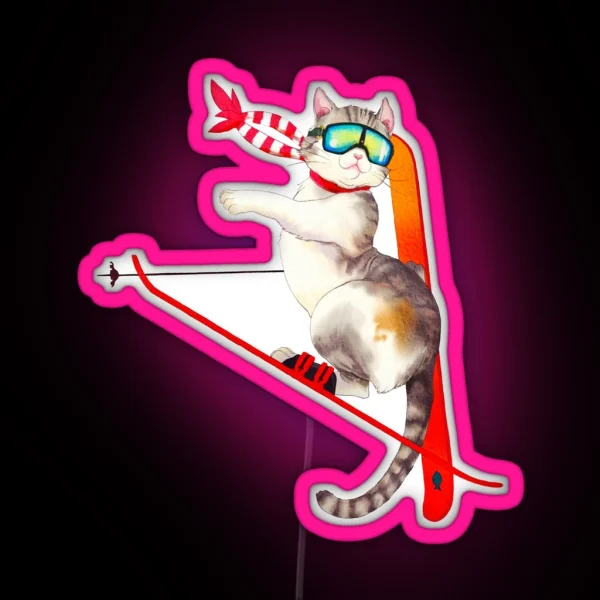 Ski Japanese Cat Digital Watercolor RGB Neon Sign