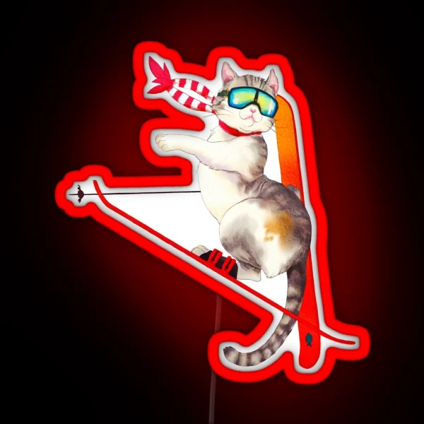 Ski Japanese Cat Digital Watercolor RGB Neon Sign