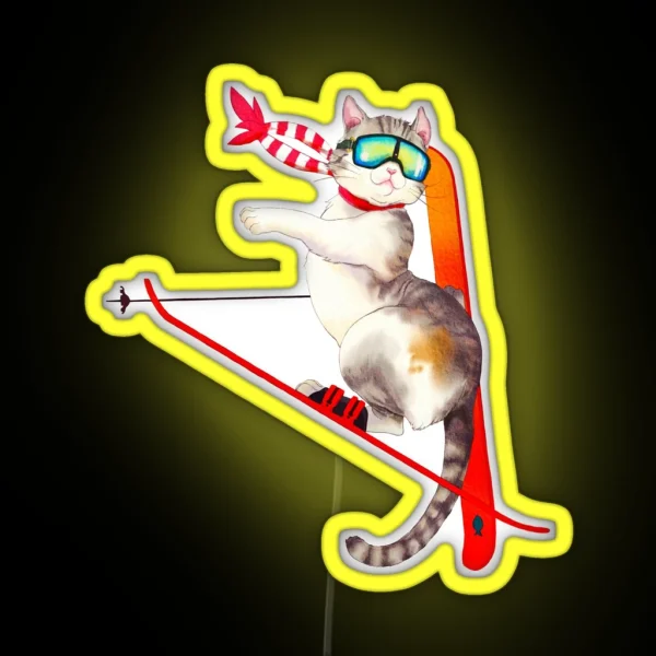 Ski Japanese Cat Digital Watercolor RGB Neon Sign