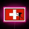 Ski patrol neon sign with pink glow