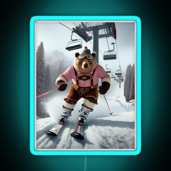Skiing Bear In Lederhosen RGB Neon Sign