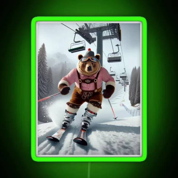 Skiing Bear In Lederhosen RGB Neon Sign