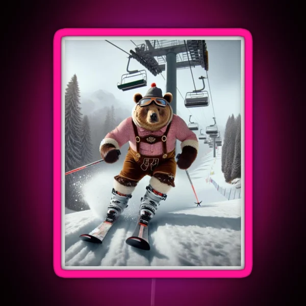 Skiing Bear In Lederhosen RGB Neon Sign