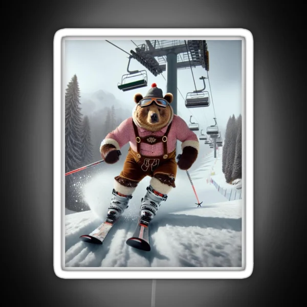 Skiing Bear In Lederhosen RGB Neon Sign