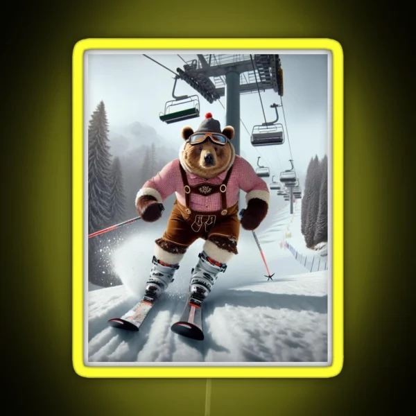 Skiing Bear In Lederhosen RGB Neon Sign