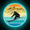 Ski resort neon sign in winter landscape with skier