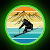 Winter sports enthusiast skiing at a vintage ski resort illuminated by neon lights.