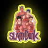 Neon sign featuring a slam dunk illustration in bright, vibrant colors.