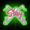 Colorful neon sign with slaying bass clarinet graphics in RGB lighting.