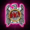 Neon RGB sign with Slayer's silver eagle logo in pink lighting.