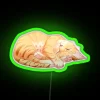 A sleeping tabby cat in front of a vibrant neon sign, illuminated by green hues.