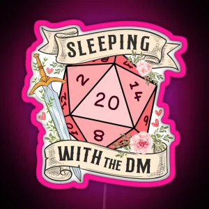 SLEEPING WITH THE DUNGEON MASTER Cute D20 Dnd Dice With Flowers And Sword RGB Neon Sign