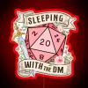 Cute DND scene featuring a sleeping dungeon master with a d20 die, surrounded by flowers and a sword under an RGB neon sig...