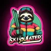 A sloth wearing skis, holding a neon sign that reads "You Later" in a pink and green winter wonderland.