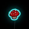 Neon sign with small, glowing red mushroom icon in a blue digital display.