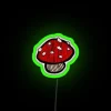 Neon sign featuring a small red mushroom in vibrant RGB color palette.