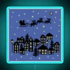 Cozy winter scene of a small town with neon signs reflected in a dusky blue sky.