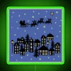 Cozy winter scene in small town with neon sign on dusky blue night.