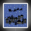 Small town Christmas scene with neon sign on dusky blue evening street.