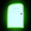 Smeg refrigerator with colorful neon sign illuminated in bright green.