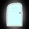 Smeg refrigerator with RGB neon sign in a modern kitchen.