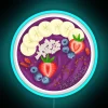 Acai fruit bowl with colorful neon sign on a purple background
