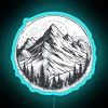 Neon sign reflecting off snow-covered mountains at night, with vibrant blue hues.