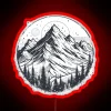 Neon sign featuring bold red letters on a snow-covered mountain range at sunset.