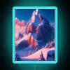 Mountain landscape with snow-capped peaks, neon-lit sign at dusk