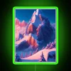 Snow-capped mountains in dark blue background with vibrant red peaks and neon lights at night.