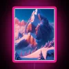 Mountain landscape at dusk with neon sign under dark blue sky.